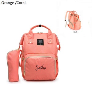 Juego de mochila para bolsa de pañales grande PERSONALIZADA - Naranja - Monograma personalizado / Nombre bordado - Bolsa para calentar biberones para bebés / Bolsa para bebés / Regalo para bebés