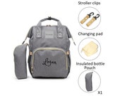 PERSONALIZED Large Diaper Bag Knapsack Set Gray STUNGO Custom Monogram Name Embroidered Bottle warmer Pouch for infant Baby Bag Baby Gift