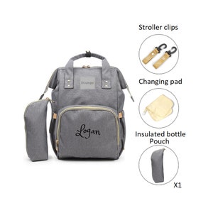 PERSONALIZED Large Diaper Bag Knapsack Set Gray STUNGO Custom Monogram /Name Embroidered Bottle warmer Pouch for infant /Baby Bag /Baby Gift Gray