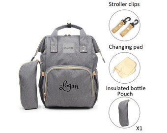Bolsa de pañales grande PERSONALIZADA, conjunto de mochila gris STUNGO, monograma personalizado/nombre, bolsa calentadora de biberones bordada para bebé/bolsa de bebé/regalo de bebé