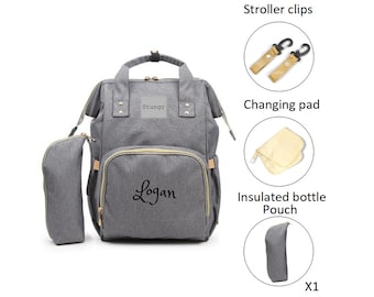 Bolsa de pañales grande PERSONALIZADA, conjunto de mochila gris STUNGO, monograma personalizado/nombre, bolsa calentadora de biberones bordada para bebé/bolsa de bebé/regalo de bebé