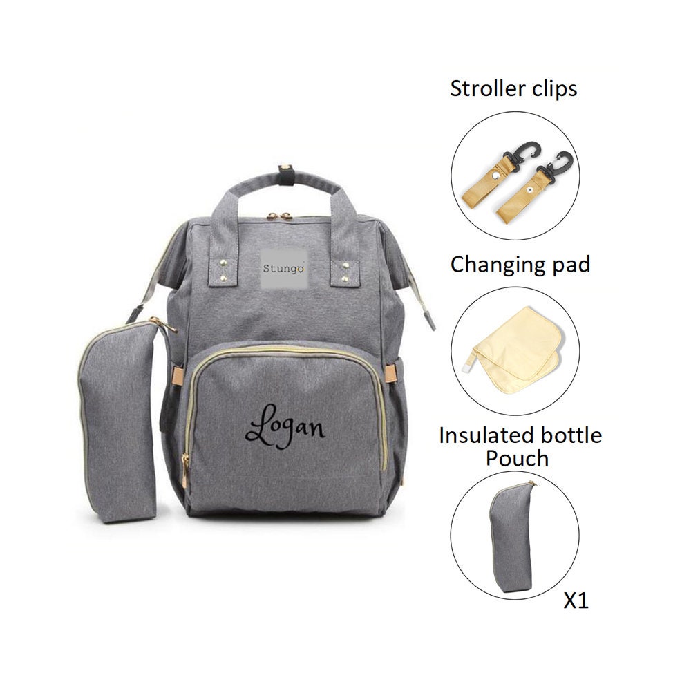 PERSONALIZED Large Diaper Bag Knapsack Set Gray STUNGO Custom Monogram name Embroidered Bottle Warmer Pouch for Infant baby Bag baby Gift Etsy