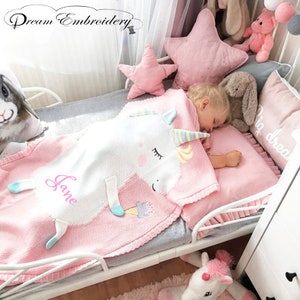 PERSONALIZED Baby Blanket Cotton Knit Blanket Pink Unicorn Blanket Custom Monogram Gift Baby Shower Infant warm blankie blanket Swaddle