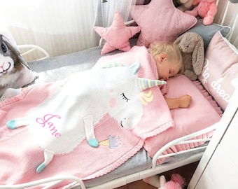 PERSONALIZED Baby Blanket Cotton Knit Blanket Pink Unicorn Blanket Custom Monogram Gift Baby Shower Infant warm blankie blanket Swaddle