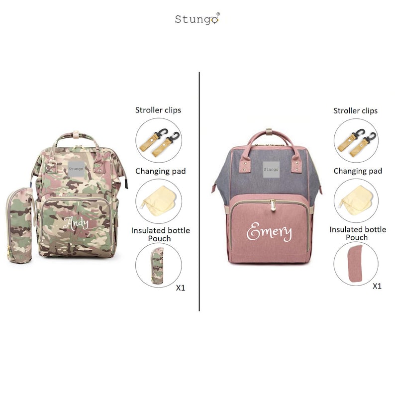 May include: Two diaper bags, one in camouflage print with the name "Andy" embroidered on it and the other in pink with the name "Emery" embroidered on it. Both bags come with a changing pad, insulated bottle pouch, and stroller clips.