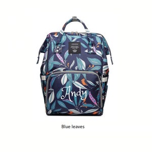 Bolsa de pañales grande PERSONALIZADA Mochila Hojas AZULES Monograma personalizado / Nombre Mochila bordada Bolsa de pañales infantil / Bolsa de bebé / Bolsa de pañales de regalo