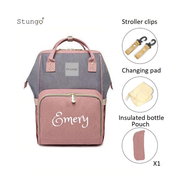 PERSONALIZED Large Diaper Bag Knapsack PINK /GREY Custom Monogram /Name Embroidered Backpack Diaper bag infant /Baby Bag /Gift Nappy Bag