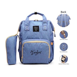 Conjunto de mochila de bolsa de pañales grande PERSONALIZADA -Azul -Monograma personalizado /Nombre bordado -Bolsa calentadora de biberones para bebé /Bolsa de bebé /Regalo de bebé