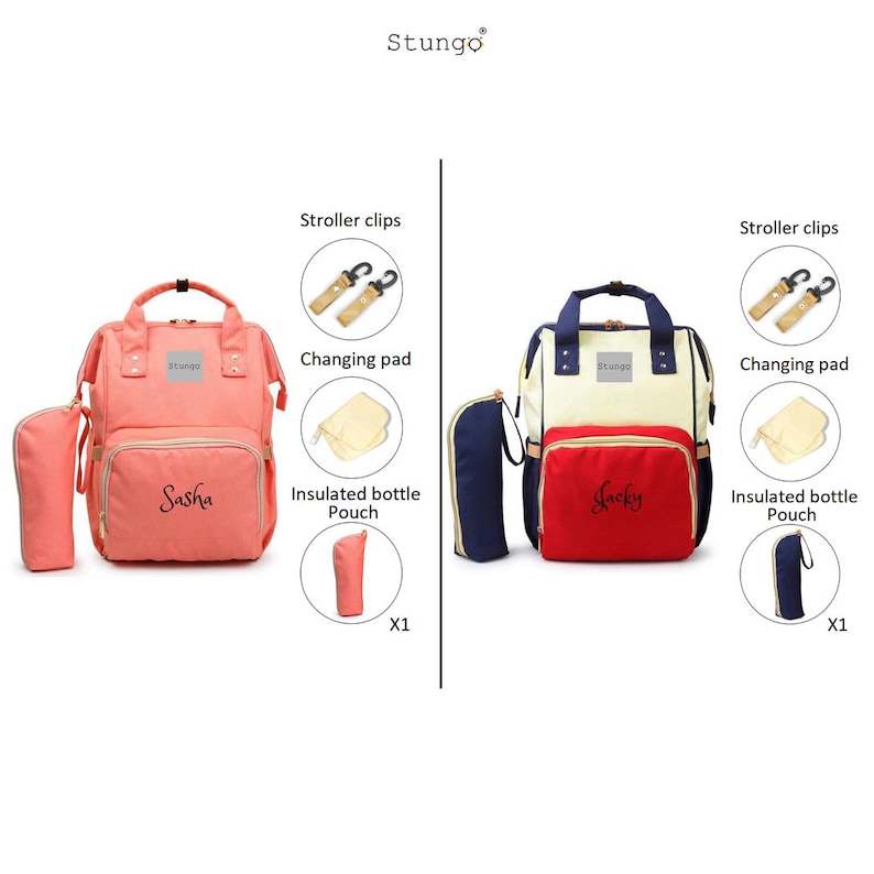 May include: Two diaper bags, one pink with the name Sasha and one red with the name Jacky. Both bags have a changing pad, insulated bottle pouch, and stroller clips.