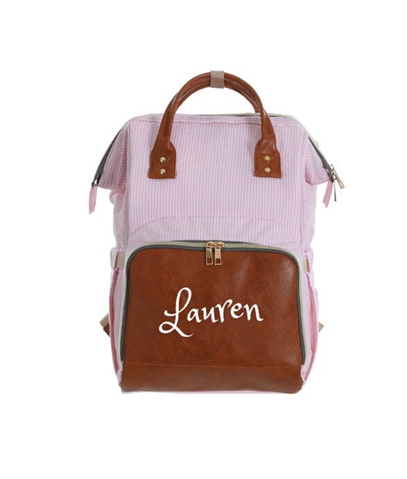 PERSONALIZED Large Diaper Bag Knapsack Pink Seersucker Custom Monogram embroidered Backpack Diaper Bag Infant baby Bag gift Nappy Bag Etsy