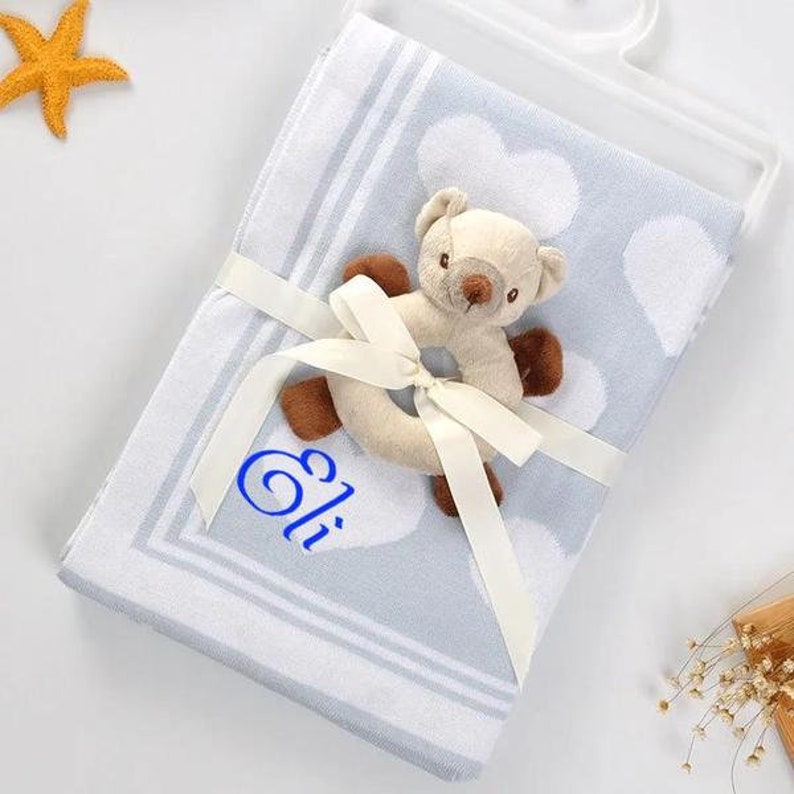 Personalized Baby Blanket Cotton Blanket Blue Hearts Custom Etsy