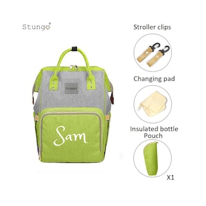 Bolsa de pañales grande PERSONALIZADA, conjunto de mochila, monograma personalizado de STUNGO lima/nombre, bolsa de botella bordada para bebé/bolsa de bebé/regalo de bebé