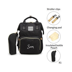 Conjunto de mochila de bolsa de pañales grande PERSONALIZADA - Negro - Monograma personalizado / Nombre bordado - Bolsa calentador de biberones para bebé / Bolsa de bebé / Regalo de bebé