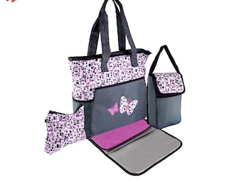 CLEARANCE 4 in 1 Diaper Bag set Fuchsia Butterflies -Custom Monogram /Name Embroidered -Changing Pad & Pouch for infant /Baby Bag /Baby Gift