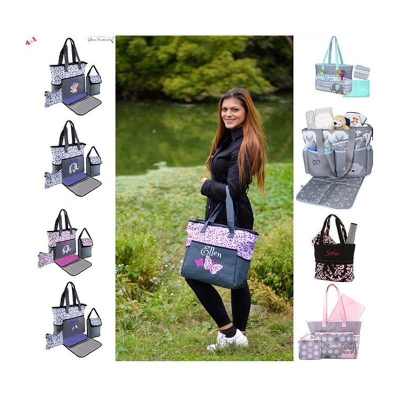 May include: A set of six diaper bags with different patterns and colors. Each bag includes a matching changing pad and a small insulated bottle holder. The bags feature a variety of designs, including butterflies, elephants, and other cute animals. The bags are made of durable fabric and have multiple pockets for storage.
