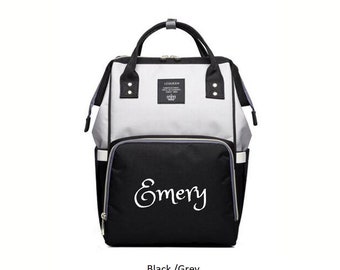 PERSONALIZED Large Diaper Bag Knapsack BLACK /GREY Custom Monogram /Name Embroidered Backpack Diaper bag infant /Baby Bag /Gift Nappy Bag