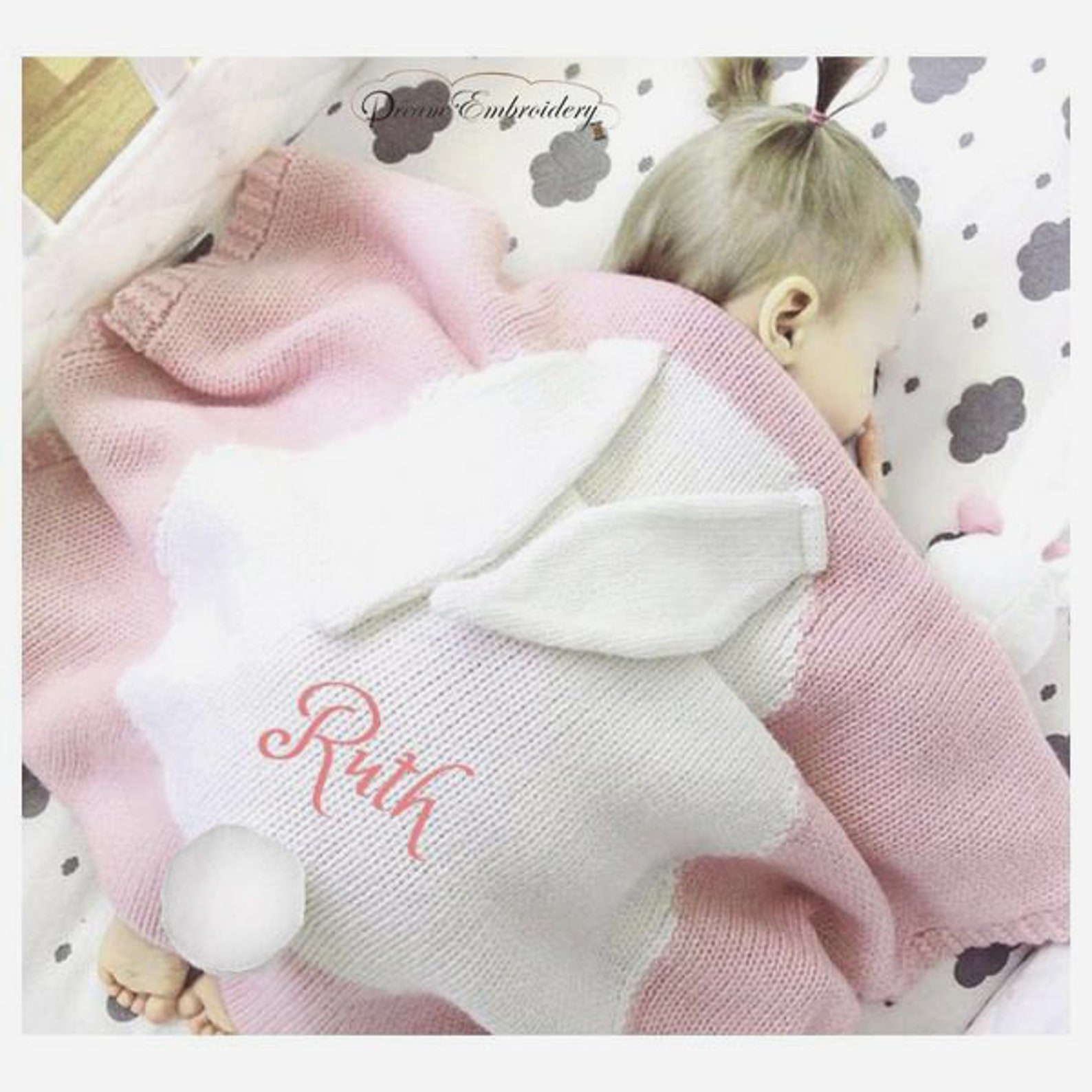 Personalized Baby Blanket Cotton Knit Blanket Pink Bunny Etsy