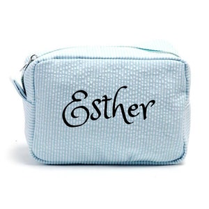 May include: A light blue zippered cosmetic bag with a white gingham pattern and the name "Esther" embroidered in black.
