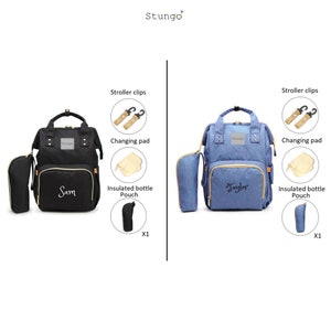 May include: Two diaper bags, one black and one blue, with matching accessories. The black bag has the name "Sam" embroidered on it, and the blue bag has the name "Taylor" embroidered on it. Both bags come with a changing pad, an insulated bottle pouch, and stroller clips.