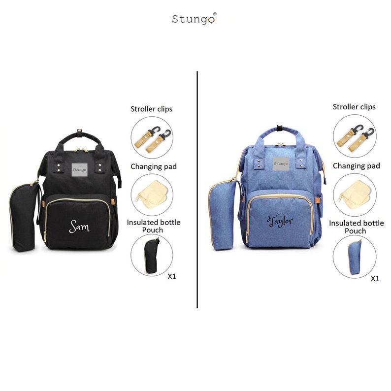 May include: Two diaper bags, one black and one blue, with matching accessories. The black bag has the name "Sam" embroidered on it, and the blue bag has the name "Taylor" embroidered on it. Both bags come with a changing pad, an insulated bottle pouch, and stroller clips.