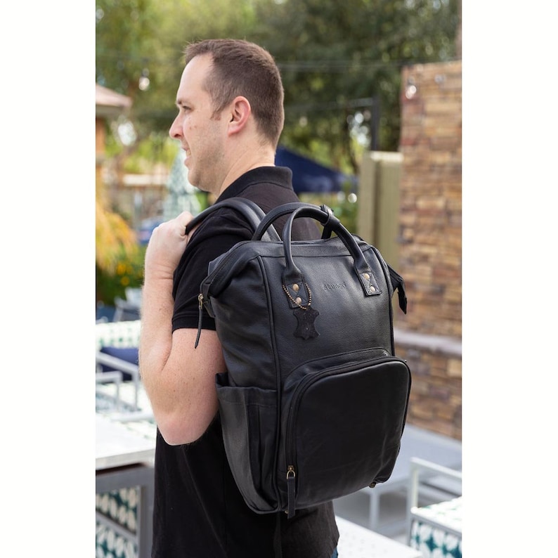 Large Black Leather Diaper Bag Knapsack Genuine Leather Diaper Etsy