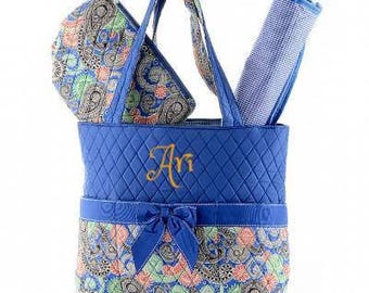 Personalized Patterned QUILTED 3PC Diaper Bag Set | BLUE | Custom Monogram / Name Embroidered Gift - Changing Pad & Bottle Warmer Present