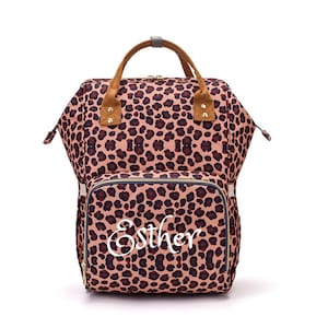 Bolsa de pañales grande PERSONALIZADA, mochila con monograma personalizado de guepardo rosa/nombre, mochila bordada, bolsa de pañales infantil/bolsa de bebé/bolsa de pañales de regalo