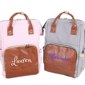 PERSONALIZADO Bolsa de pañales grande Mochila Azul Seersucker Monograma personalizado / Mochila bordada Bolsa de pañales bebé / Bolsa de bebé / Bolsa de pañales de regalo