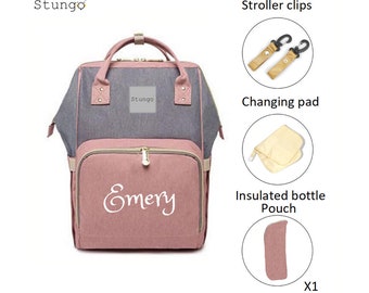 PERSONALIZED Large Diaper Bag Knapsack PINK /GREY Custom Monogram /Name Embroidered Backpack Diaper bag infant /Baby Bag /Gift Nappy Bag