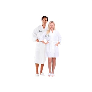 Albornoz de gofre personalizado para mujer y hombre Monograma personalizado / Nombre regalo bordado para novias Ducha / Novio / Pareja Bata de baño SPA Robe