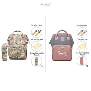 May include: Two diaper bags, one in camouflage print with the name "Andy" embroidered on it and the other in pink with the name "Emery" embroidered on it. Both bags come with a changing pad, insulated bottle pouch, and stroller clips.