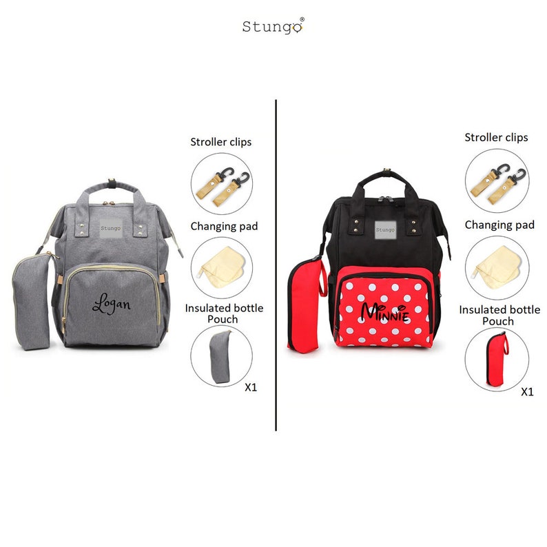 May include: Two diaper bags, one gray with the name "Logan" embroidered on it and one red with white polka dots and the text "Minnie" on it. Both bags come with a changing pad, insulated bottle pouch, and stroller clips.