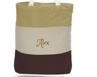 Personalized Heavy Canvas Tote Bag -Brown Tri-Color - FREE Shipping - Custom Monogram / Name Embroidered Gift - Shopping /Travel Present