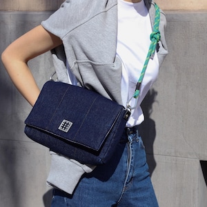 Handmade Denim Crossbody Bag, Colorful Rope Strap, Adjustable Boho Shoulder Purse, Durable Everyday Bag for Women, Denim Shoulder Bag