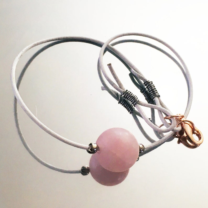 Beautiful MATTE ROSE Quartz Bead 15mm on 1mm white leather choker with stainless steel trim large rose gold lobster clasp white choker boho