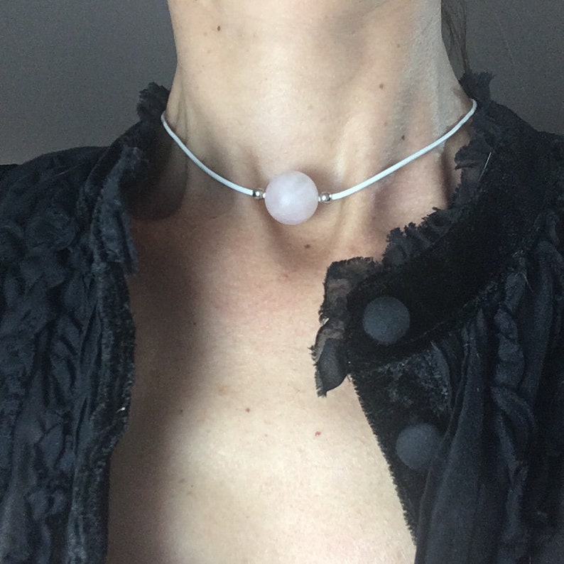 Beautiful MATTE ROSE Quartz Bead 15mm on 1mm white leather choker with stainless steel trim large rose gold lobster clasp white choker boho