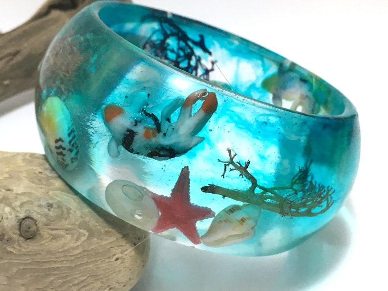 UNDERWATER Epoxy Resin Clear and Blue thick wide bangle fish Etsy