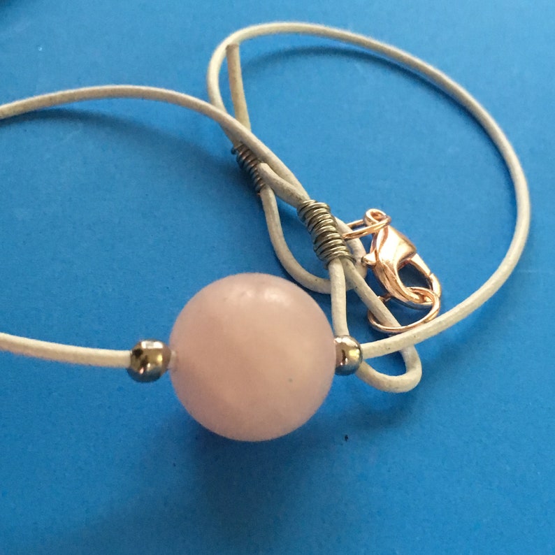 Beautiful MATTE ROSE Quartz Bead 15mm on 1mm white leather choker with stainless steel trim large rose gold lobster clasp white choker boho