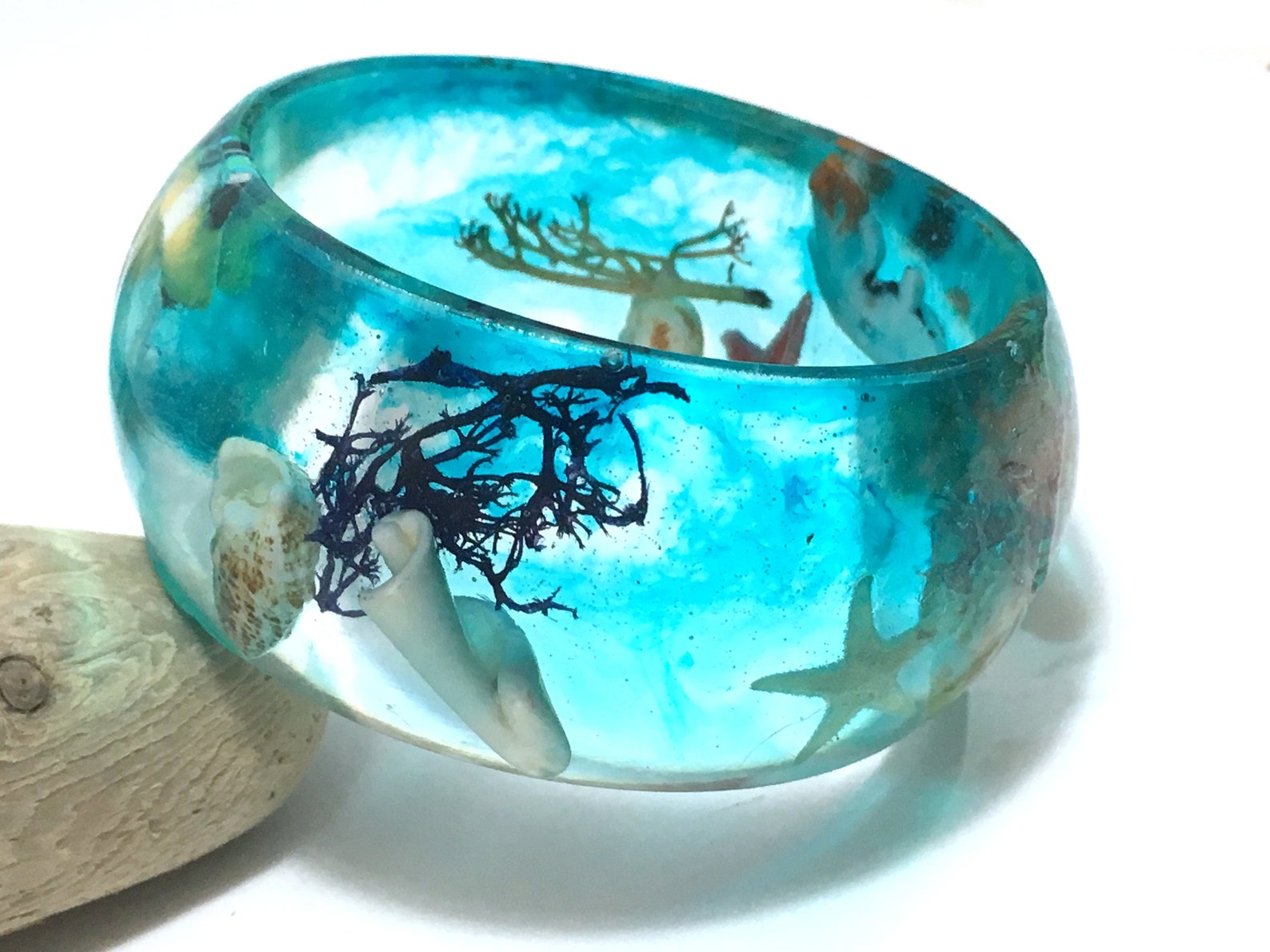 UNDERWATER Epoxy Resin Clear and Blue thick wide bangle fish Etsy