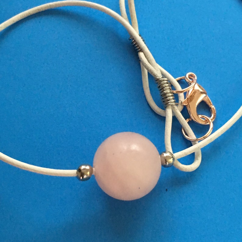 Beautiful MATTE ROSE Quartz Bead 15mm on 1mm white leather choker with stainless steel trim large rose gold lobster clasp white choker boho