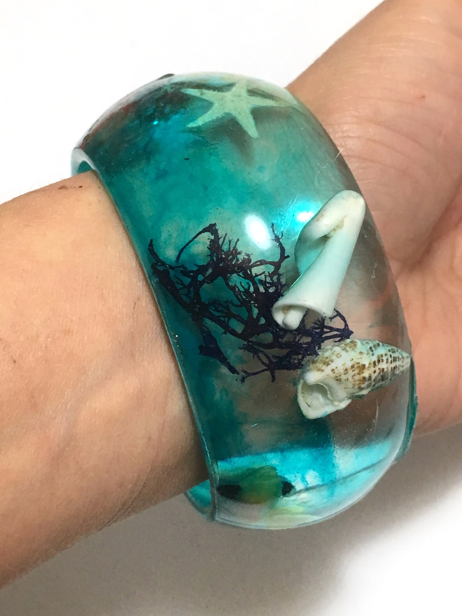UNDERWATER Epoxy Resin Clear and Blue thick wide bangle fish Etsy