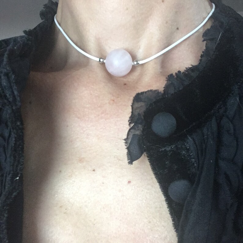 Beautiful MATTE ROSE Quartz Bead 15mm on 1mm white leather choker with stainless steel trim large rose gold lobster clasp white choker boho