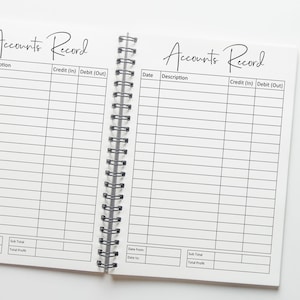 May include: A spiral-bound notebook open to two pages, each featuring an Accounts Record table with columns for Date, Description, Credit (In), and Debit (Out). At the bottom of each page are fields for Date from, Date to, Sub Total, and Total Profit.