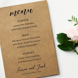 Carte de menu de mariage personnalisée - carte de menu rustique - cartes de menu de petit déjeuner de mariage - cartes de table de mariage imprimées