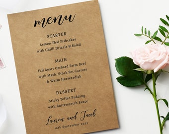 Personalised Wedding Menu Card - Rustic Menu Card - Wedding Breakfast Menu Cards - Printed Wedding Table Cards