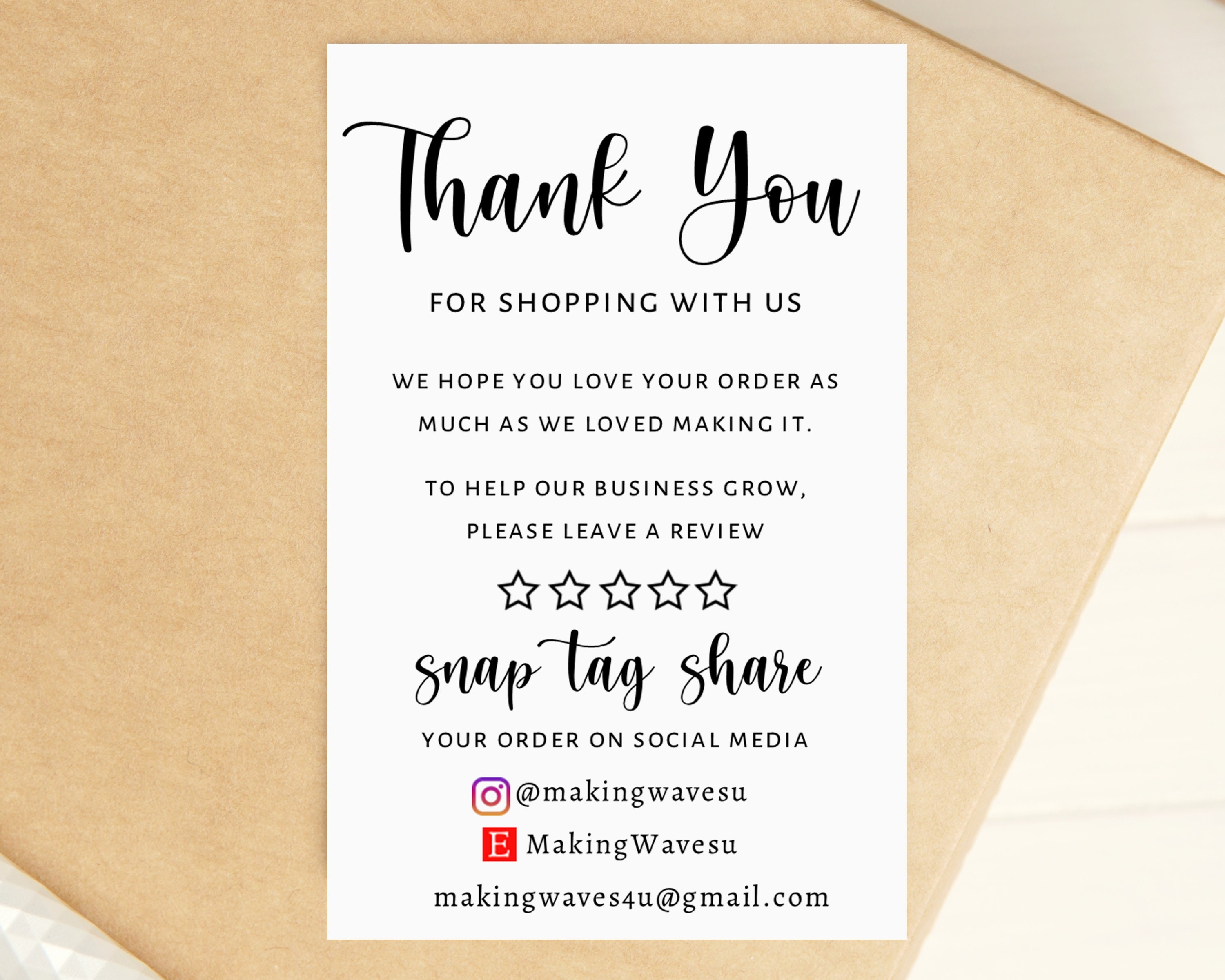 Thank You For Your Order Cards - Please Leave a Review Card - Snap  