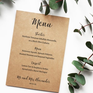 Carte de menu de mariage personnalisée - menu rustique - cartes de menu de petit déjeuner de mariage - cartes de table de mariage imprimées