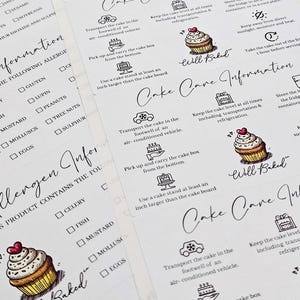 Peut inclure: Une feuille d'&eacute;tiquettes adh&eacute;sives blanches avec du texte noir et des illustrations au trait de cupcakes avec des c&oelig;urs rouges. Les &eacute;tiquettes incluent des sections intitul&eacute;es Cake Care Information et Allergen Information avec des cases &agrave; cocher.