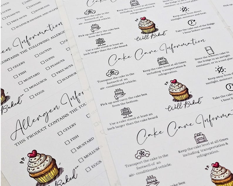 Peut inclure: Une feuille d'&eacute;tiquettes adh&eacute;sives blanches avec du texte noir et des illustrations au trait de cupcakes avec des c&oelig;urs rouges. Les &eacute;tiquettes incluent des sections intitul&eacute;es Cake Care Information et Allergen Information avec des cases &agrave; cocher.