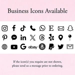 K&ouml;nnte beinhalten: Eine Sammlung schwarzer Social-Media- und Business-Symbole, die in einem Raster auf wei&szlig;em Hintergrund angeordnet sind. Der Text Business Icons Available steht oben, und der Text If the icon(s) you require are not shown, please send us a message prior to ordering steht unten.